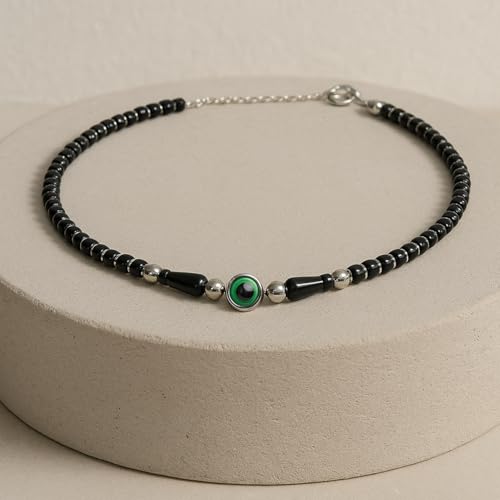 Jewellers Anklet 925 Sterling Silver Green Evil Eye & Black Beads Anklet - 10.5 Inches Standard Size With Adjuster Free Size Weight 8 Gms (Pack Of 1)3