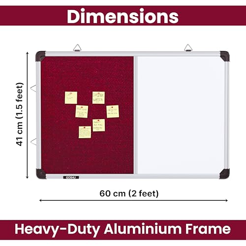 Image of GOSHU Combination 60 cm x41 cm Non Magnetic White Board with Maroon Pin-up Notice Board Includes 1 Duster, 1 Marker and 50 Push up pins for Home, Office & School (Maroon, 60x41 cm, Pack of 4 Items)