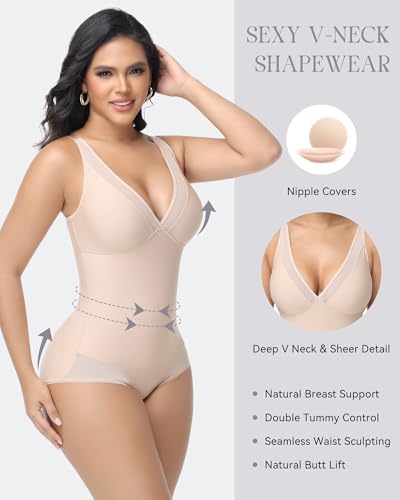 Womens Shapewear Deep V Neck Bodysuit Tummy Control Corset Bodysuit Slimming Mesh Sheer Outing Outfits2