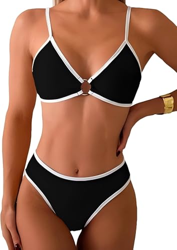 Tainehs Women's Two Piece Bikini Sets O Ring Front Top Ditsy Floral Triangle Swimsuits Cheeky Bathing Suit