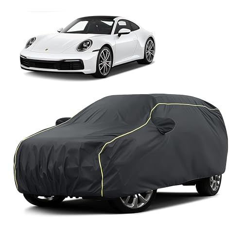 Image of Sulfar 100% Water Resistant Car Body Cover Compatible with Mirror for Porsche 911 (Triple Stitched, Full Bottom Elastic, Dark Grey Taffeta with Yellow Piping)