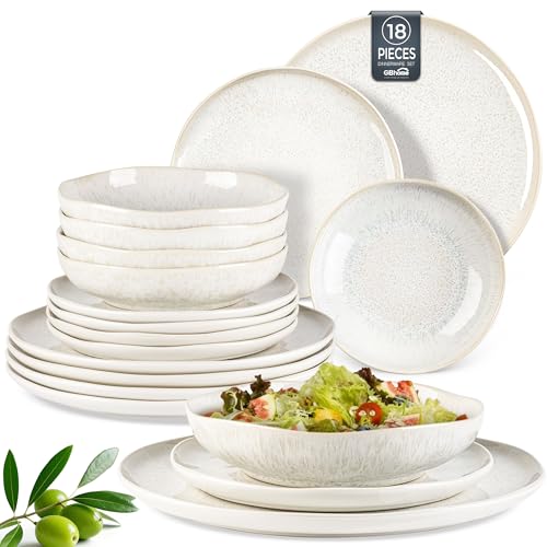 GBhome Steingut Geschirrset 6 Personen, 18-tlg Reaktive Glasur Handarbeit Geschirr Set, Mikrowellen- & Spülmaschinenfest Schüssel- und Teller Set, Beige