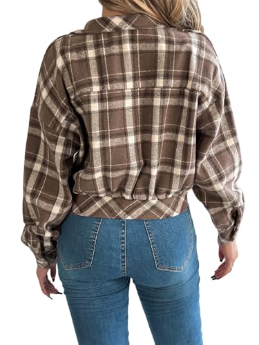 AMOMA Women's Long Sleeve Cropped Flannel Plaid Shacket Button Down Plaid Crop Short Jacket Coat4
