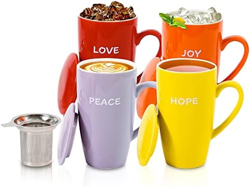 UNI-THGT Mugs & Infuser 4-Pack | Large Mugs With Lids (16-Ounce) | Porcelain Tea Mug With Infuser | Microwavable Loose Leaf Tea Cup Hot & Cold | Best Coffee Mugs For Office, Home, & Gift