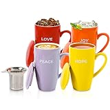 UNI-THGT Mugs & Infuser 4-Pack | Large Mugs With Lids (16-Ounce) | Porcelain Tea Mug With Infuser |