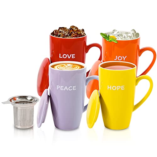 Uni-Thgt Mugs & Infuser 4-Pack | Large Mugs With Lids (16-Ounce) | Porcelain Tea Mug With Infuser | Microwavable Loose Leaf Tea Cup Hot & Cold | Best Coffee Mugs For Office, Home, & Gift #TOP25