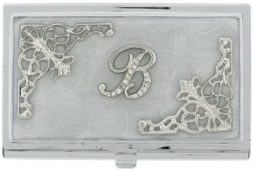 VGS FashionsBusiness Card Holders ~ White B Initials with Crystals Business Card Holder