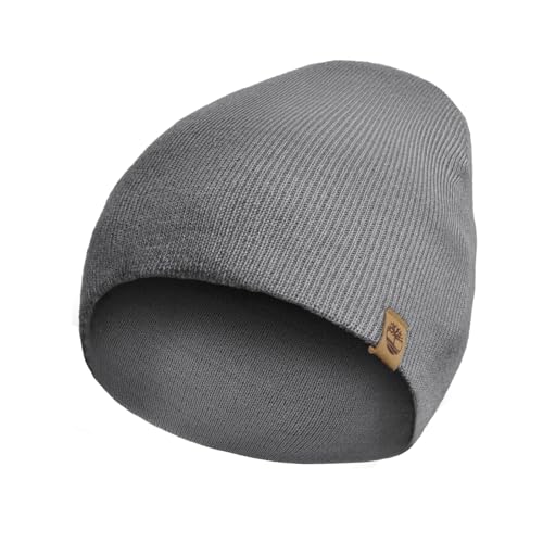 Timberland Men’s Ribbed Pull-On No Cuff Beanie - Soft Rib Knit Winter Hat, Stretch Fit, Warm Classic Look, Suede Logo Clip, Medium Grey Heather, One Size