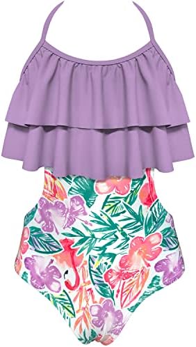 SHEKINI Girl's Halter Swimsuits Hawaiian Flounce Cutout One Piece Bathing Suits (Pink Purple,6-8 Years)