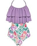 SHEKINI Girl's Halter Swimsuits Hawaiian Flounce Cutout One Piece Bathing Suits (Pink Purple,10-12...