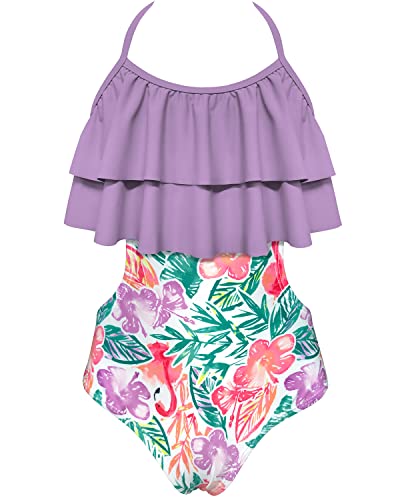 Shekini Girl's Halter Swimsuits Hawaiian Flounce Cutout One Piece Bathing Suits (Pink Purple,8-10 Years) #TOP24