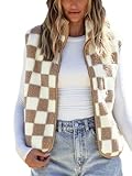 GORGLITTER Fleece Weste Damen Karierte Warme Ärmellose Jacke Plüsch mit Karomuster Teddyjacke mit Reißverschluss Stehkragen Damenweste Herbst Winter Braun XXL