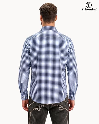 TRIWORKS Trachtenhemd Herren Blau Langarm Kariert – Hemd Oktoberfest Herren mit Tasche, Atmungsaktiv & Pflegeleicht, Herrenhemd für Trachten & Festlichkeiten S