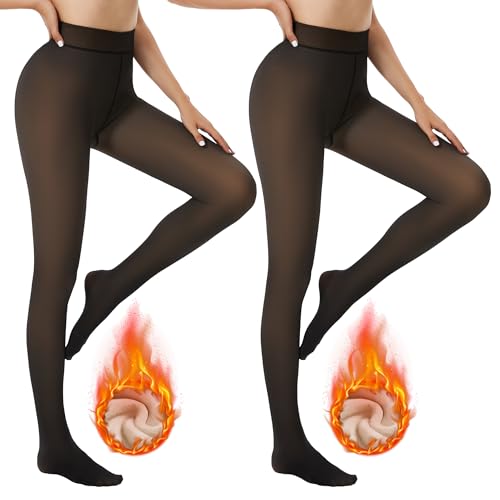 DDOBB 2 Pack Fleece Lined Tights for Women High Waisted Fake Translucent Thick Sheer Warm Winter Footed Pantyhose Ladies Stretch Stocking（Black*2 L）