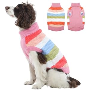 Kuoser Large Dog Sweater, Turtleneck Knit Dog Sweaters for Large Dogs Colorful Strips Pet Knitted Vest Warm Clothes, Soft Puppy Sweater Thermal Sweatshirt for Xmas Holiday Cold Weather, Purp