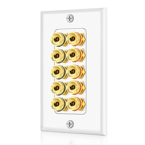 Tnp Home Theater Speaker Wall Plate Outlet - 5 Speaker Sound Audio Distribution Panel Gold Plated Copper Banana Plug Binding Post Connector Insert Jack Coupler (5 Pair, Single Gang, White) #TOP9