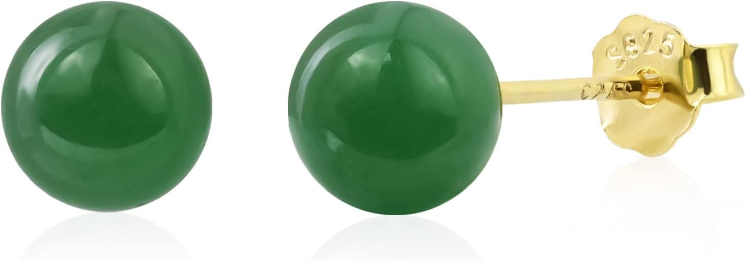 Jade Earrings Studs, 8mm Green Jade Earrings for Women, 14K Gold Plated Stud Earrings for Sensitive Ears, Jade Jewelry for Women & Men, Good Luck Handmade Earrings Gift for Birthday Anniversary