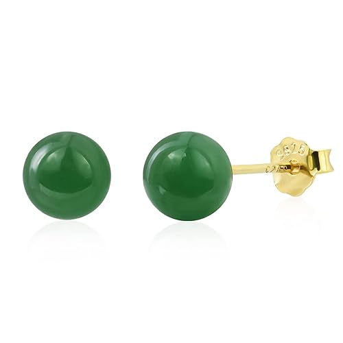 Jade Earrings Studs, 8mm Green Jade Earrings for Women, 14K Gold Plated Stud Earrings for Sensitive Ears, Jade Jewelry for Women & Men, Good Luck