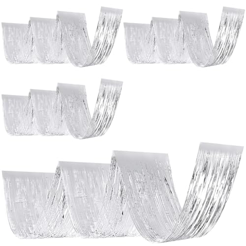 Breling 4 Pcs 15ft Metallic Foil Ceiling Fringe Curtains for Bachelorette Party Decorations, Fringe Ceiling Drapes for Wedding Engagement Bridal Shower Birthday Party Engagement Decor(Silver)