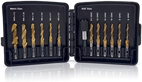 Combination Drill & Tap Bit Set, 6 pc SAE (6-32NC ~ 1/4-20NC) and 6 pc Metric (M3 ~ M10) Titanium Coated Drill Bits Kit for Drilling Screw Threads Tapping Countersinking, with Quick Change Adapter