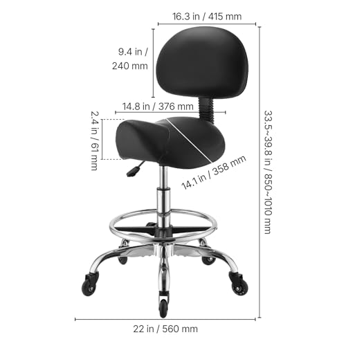 Image of VEVOR Saddle Stool with Back Support Footrest, 500 lbs Weight Capacity, Height Adjustable, Quiet Casters, PU Leather Seat, 360 Swivel Saddle Stool Rolling Chair for Salon, Spa, Bar, Medical, Black