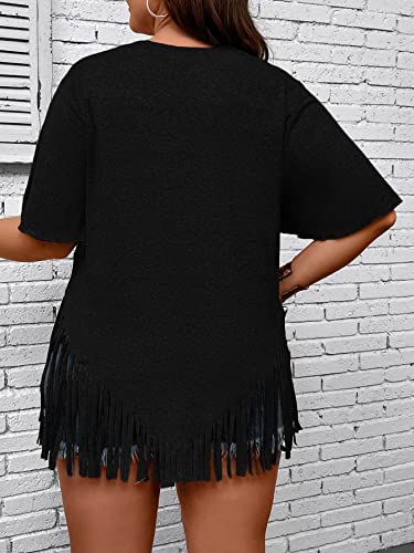 Verdusa Women's Plus Size Fringe Trim Half Sleeve Round Neck Tee Top Long T Shirt2