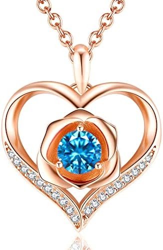Rose Heart Necklace December Birthstone Blue Topaz Jewelry for Women Sterling Silver Rose Flower Heart Pendant Created Gemstone Women Girls Jewelry for Birthday Gift Anniversary Jewelry Gift for Her (Rose Gold-12-Dec.Blue Topaz)