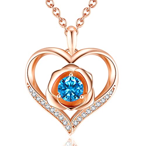 Rose Heart Necklace December Birthstone Blue Topaz Jewelry For Women Sterling Silver Rose Flower Heart Pendant Created Gemstone Women Girls Jewelry For Birthday Gift Anniversary Jewelry Gift For Her (Rose Gold-12-Dec.blue Topaz) #TOP1