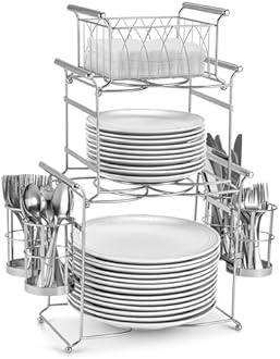 Sorbus Buffet Caddy — 7-Piece Stackable Set Includes Plate, Napkin, and Silverware Holder, 3-Tier Detachable Tabletop Organizer Ideal for Kitchen, Dining, Entertaining, Parties, Thanksgiving (Silver)