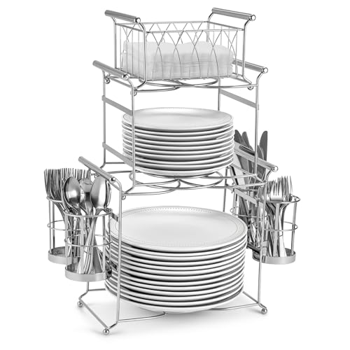 Sorbus Buffet Caddy — 7-Piece Stackable Set Includes Plate, Napkin, and Silverware Holder, 3-Tier Detachable Tabletop Organizer Ideal for Kitchen, Dining, Entertaining, Parties, Thanksgiving (Silver)