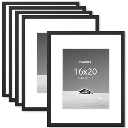 16x20 inch Picture Frame, 16x20 Photo Frames with 11x14 Removable Mat - High Definition Plexiglass - Vertical and Horizontal Display - Wall Hanging Frame - Black, 5 Pack