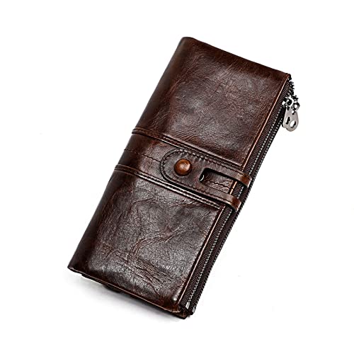 Large Capacity Bifold long Wallet for Women Genuine Leather RFID Blocking Card Organizer Zipper Phone Holder (Coffee, Retro) (WL-006)