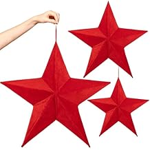 Christmas Large Hanging Ornaments, 3Pcs Velvet Star Ornaments for Indoor Outdoor Yard Hanging Ornaments Holiday Fabric Covered Velvet Hanging Decorations for Xmas Tree Porch Yard Decor Red