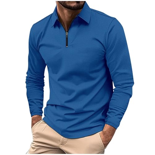 Men's Shirts Lightweight Fashion Casual Solid Color Long Sleeve Zipper Lapel Polo Shirt Business Ribbed Workout Top Blue Long Sleeve Casual Shirts for Men XL