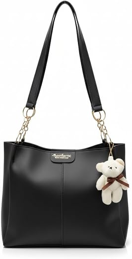 AESTHETIC Women’s Shoulder Handbag | Elegant PU Leather Tote with Chain Strap & Teddy Charm | Stylish Daily Use Purse for ...