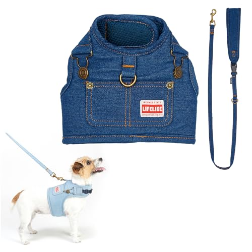 【LIFELIKE公式】デニムハーネ 犬 ハーネス リード付 デニム生地 小型犬 犬 春夏 春 夏用 夏 秋冬 冬用 秋 冬 胴輪 服 犬服 犬の服 おさんぽ お散歩 外出 おでかけ アウトドア ライフライク (デニム, L)
