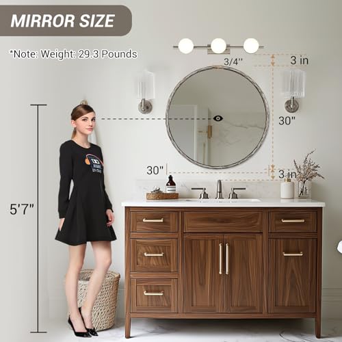 Image of ANDY STAR 30 Inch Bathroom Hammered Round Mirrors, Silver Hand-Forged Circle Wall Mirrors with Metal Frame, Antique Round Mirror for Wall, Livingroom, Entryways, Solid Steel, Anti-Rust