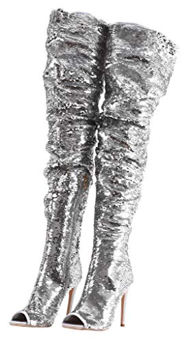 Camssoo Women's Sparkle Sequins Over The Knee Boots Fashion Sexy High Heels Thigh High Boots Open Toe Party Dance Stiletto Knee High Boots Silver Size Us 6 Cn36 #TOP2