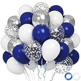 Navy Blue White Balloons, 60 pcs 12 Inch Blue Metallic Silver White Balloons with Confetti Balloons, Navy Blue Latex Balloons, Blue White Helium Balloons for Birthday Baby Shower Party Decorations