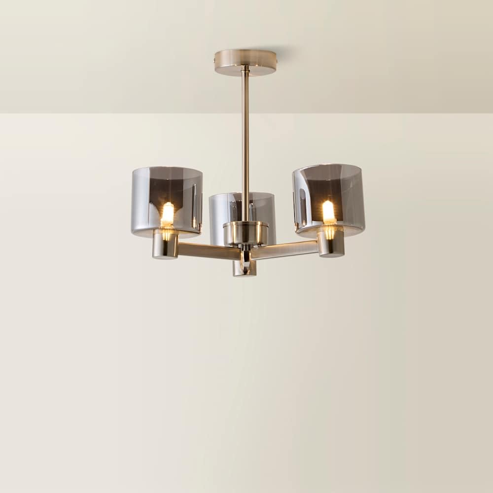 Valuelights Demi Brushed Chrome And Smoked Glass 3 Arm Chandelier Ceiling Light And Bulbs from B&Q