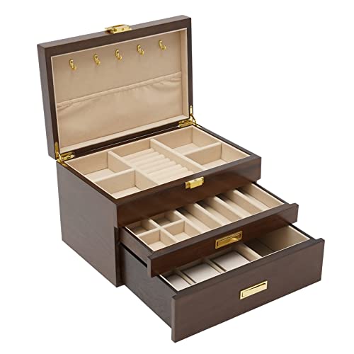 Eapmic 3 layer Eyeglass Sunglass Storage Watch Box Eyewear Accessories Display Glasses Storage Case Organizer(3 layer,Black Walnut,5 built-in hooks)