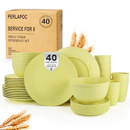 Image of Wheat Straw Dinnerware Set 40-Piece Service for 8 Unbreakable Dishes Set Plates and Bowls Sets Drinking Glasses Microwave Safe Dish Set Lightweight Dinnerware Set for Home & Kitchen - Yellow