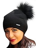 Unbekannt Damen Mütze Winter Frauen Beany Strickmütze Beanie mit KunstFellbommel Herbst Bommelmütze großem (Schwarz/Schwarz) ZI Einheitsgröße