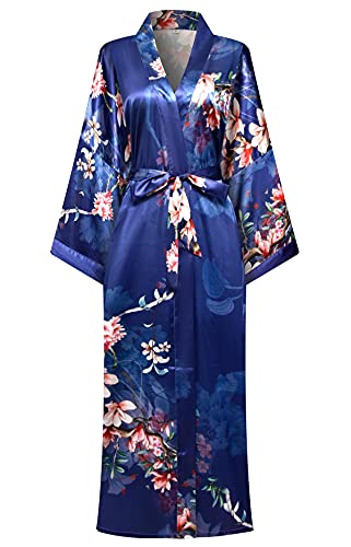 DandyChic Women's Long Floral Kimono Bridesmaid Robe Satin Loungewear Sleepwear Silky Bathrobe for Bridal Party, Blue Flower