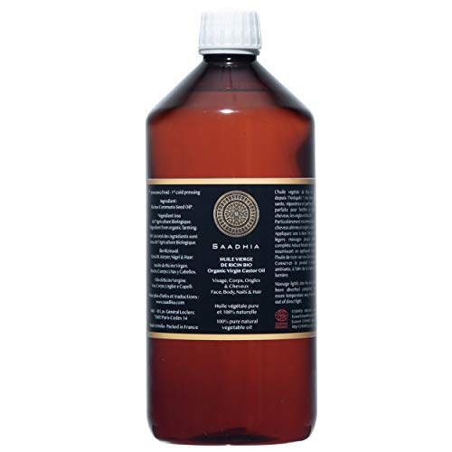 Huile Vierge de Ricin bio 1litre|Castor oil|Végétale 100% pure & Naturelle |1ere pression à froid| Favorise la pousse Cheveux,Cils,Ongles, Barbe, |Hydrate Cuir Chevelu & Peau|Ricinus communis Seed oil Cover