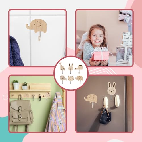 6 Garderobenhaken Kinder, Tierförmige Garderobenhaken aus Holz, Dekorative Haken für Kinderzimmer, Kindergarderobe mit Niedlichen Tierdesigns, Praktische Aufhänger für Kleidung und Accessoires