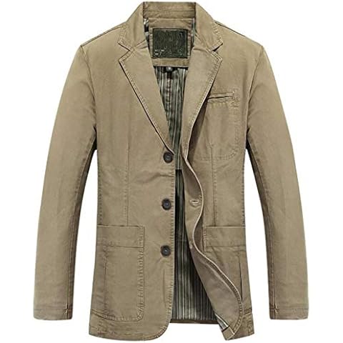 Newbestyle Suit Jacket for Men Casual Solid Cotton Twill Suit Three-Buttons Blazer Jacket Loose Fit Tops Business jacket Coat Deep Khaki Large Cover