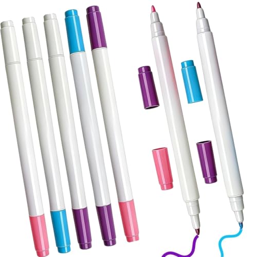 Fampery 5-Pack Fabric Markers for Sewing - 4 Colors Dual-Tip Erasable Water Soluble Fabric Marker - Washable Fabric Pen for Sewing Erasable - Water Soluble Pens, Quilting Embroidery Crafting Supplies