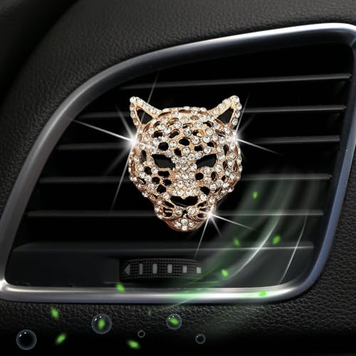 Image of Golden Leopard Head Car Air Vent Freshener Perfume Clip, Rhinestone Car Air Outlet Fragrance Perfume Clip Freshener, Decor（Odor Random）