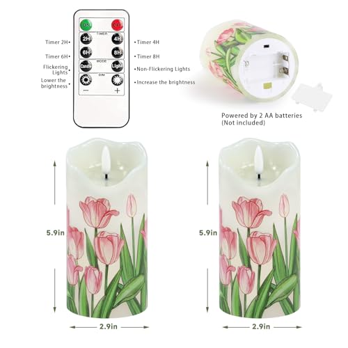 Image of Tulip Flameless Candles Set of 2, 6 inchx3 inch Spring Candles with Remote & Timer | Flickering Real Wax Pillar Candles Battery Operated, Dimmable Electric LED Candles Light for Mother's Day Spring Easter Decor